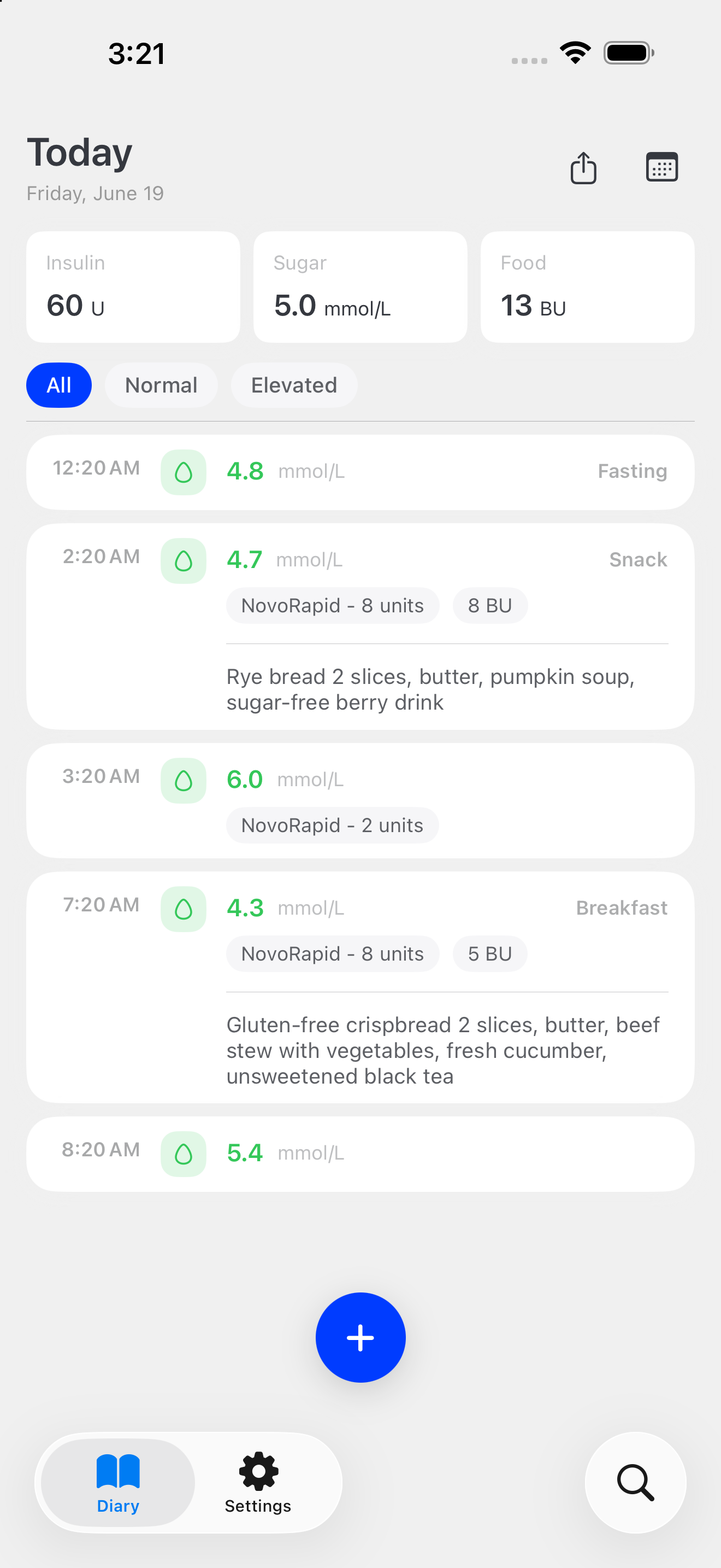 Bump & Glucose app — daily diary
